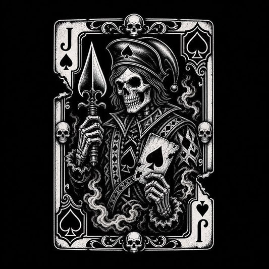 Jack of Spades meaning shown through a skeletal trickster court figure with a spade blade