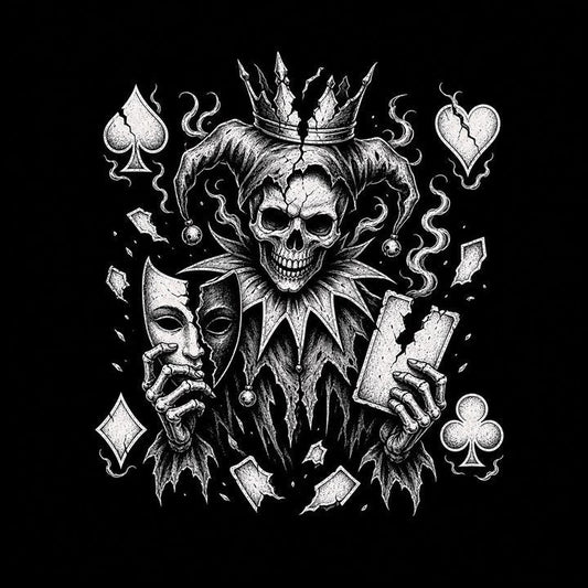 Joker card meaning shown through a skeletal trickster figure with cracked crown and split mask