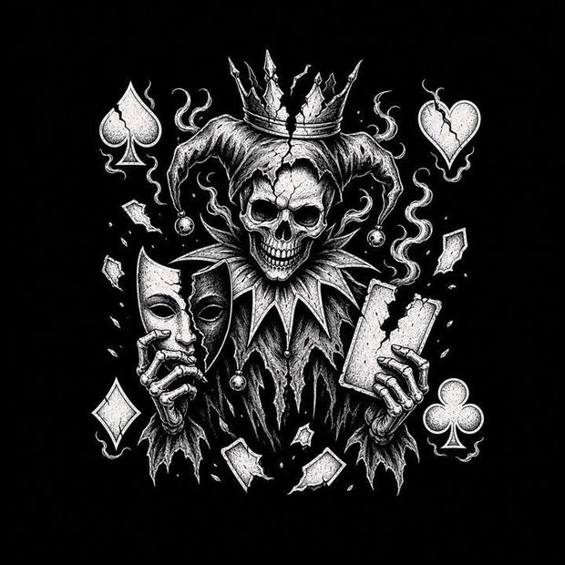 Joker card meaning shown through a skeletal trickster figure with cracked crown and split mask