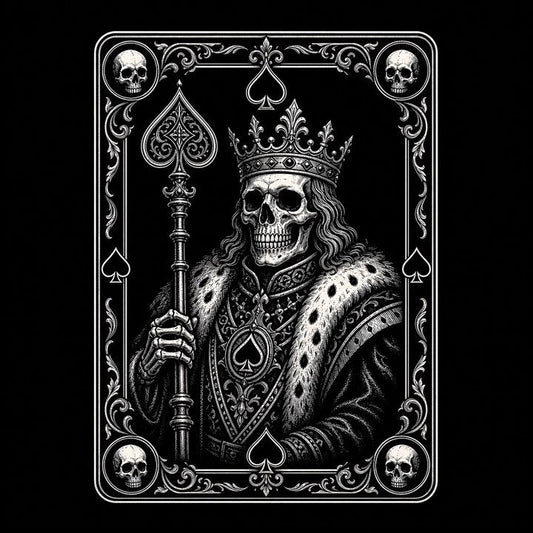 King of Spades meaning shown through a crowned skeletal monarch with a spade sceptre