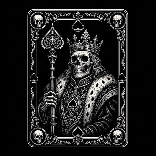 King of Spades meaning shown through a crowned skeletal monarch with a spade sceptre