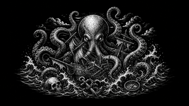 Kraken tattoo banner with tentacles, ship and deep-ocean symbols.