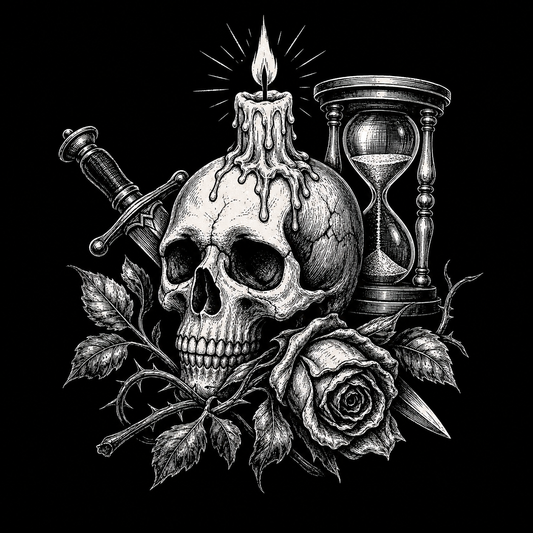 Memento mori tattoo meaning shown through skull, hourglass, candle and rose symbols.