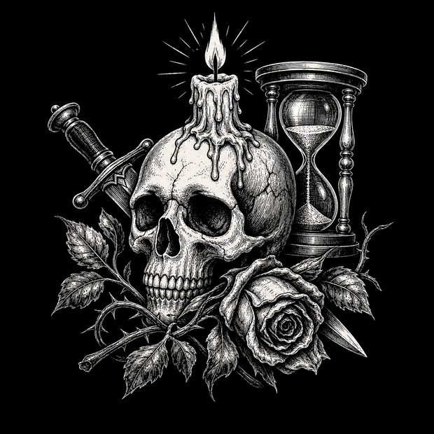 Memento mori tattoo meaning shown through skull, hourglass, candle and rose symbols.