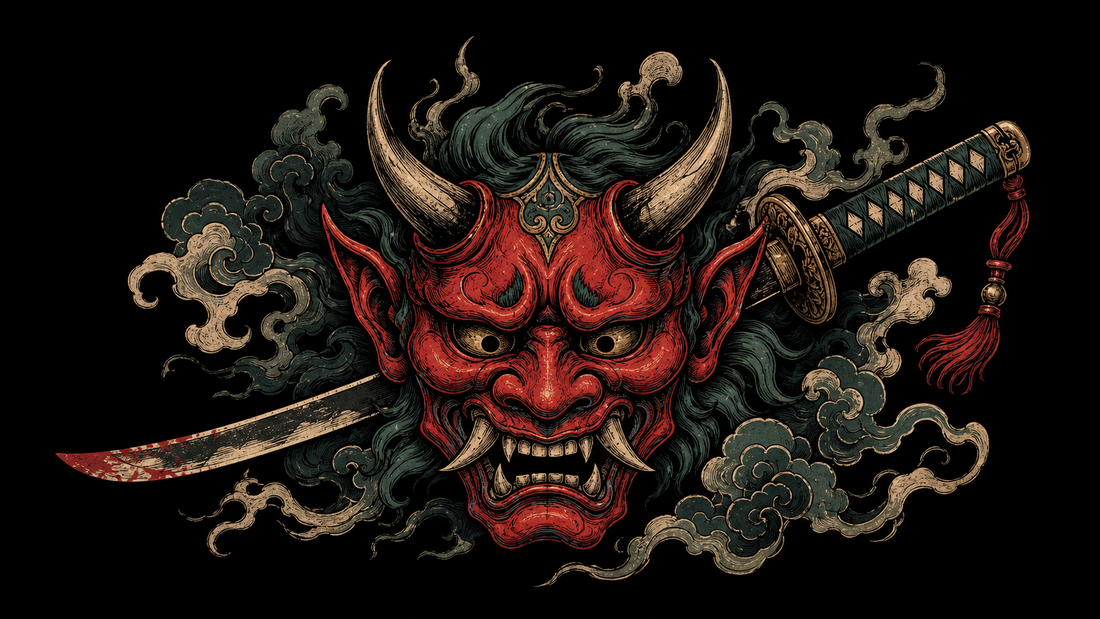 Oni mask tattoo banner with katana, smoke and stark blackwork.