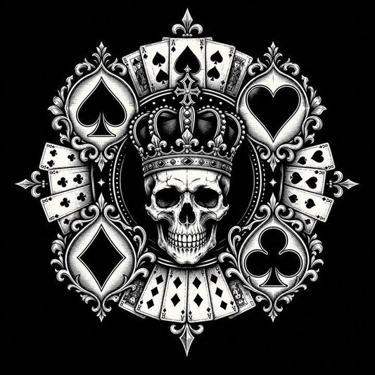 Playing card suit meanings illustrated through gothic tattoo-flash symbols on black
