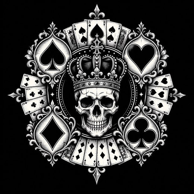 Playing card suit meanings illustrated through gothic tattoo-flash symbols on black