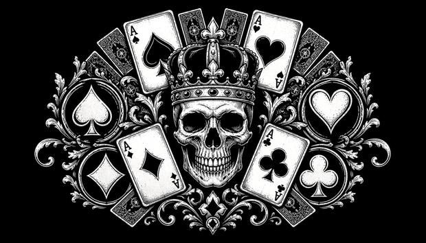 Playing card tattoos shown through skulls, suits and tattoo-flash linework.