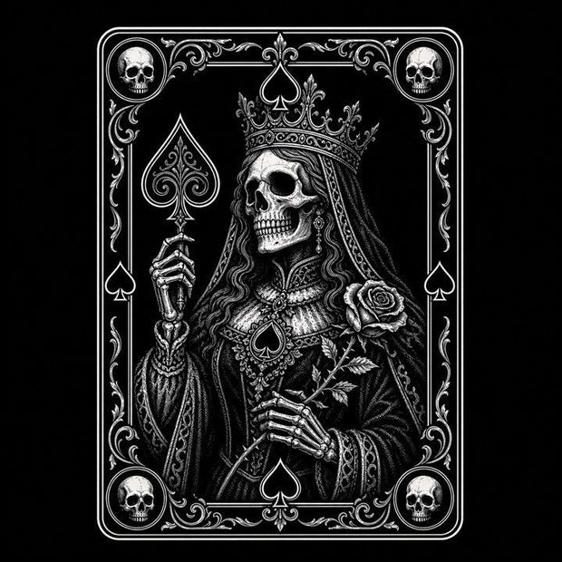 Queen of Spades meaning shown through a crowned skeletal queen with a spade and thorned rose