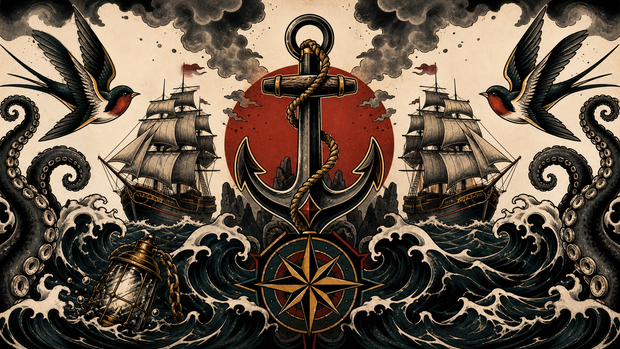 Sailor tattoo symbols with anchor, ship, swallow and sea monster imagery.