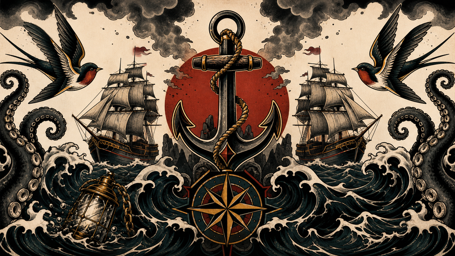 Sailor tattoo symbols with anchor, ship, swallow and sea monster imagery.