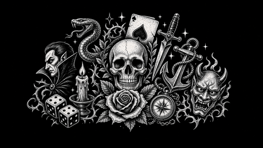 Old-school tattoo flash symbols arranged for dark graphic T-shirt artwork.