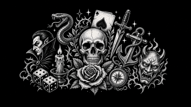 Old-school tattoo flash symbols arranged for dark graphic T-shirt artwork.