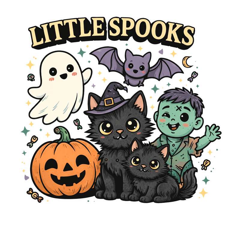 Cute Halloween monster crew illustration featuring a ghost, pumpkin, bat, black cat and zombie with “Little Spooks” title in pastel tattoo flash style.