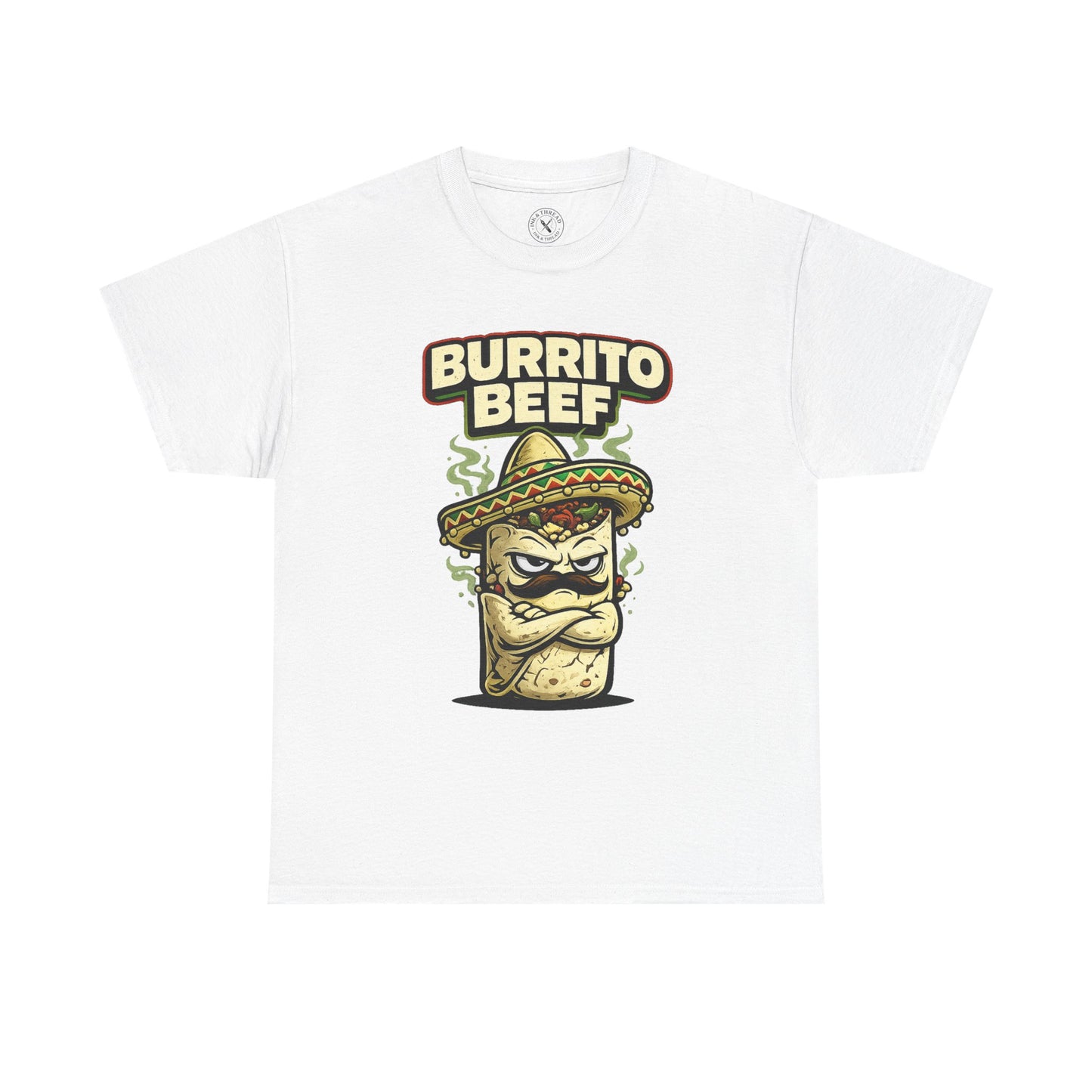 White t-shirt with 'Burrito Beef' graphic design on a white background