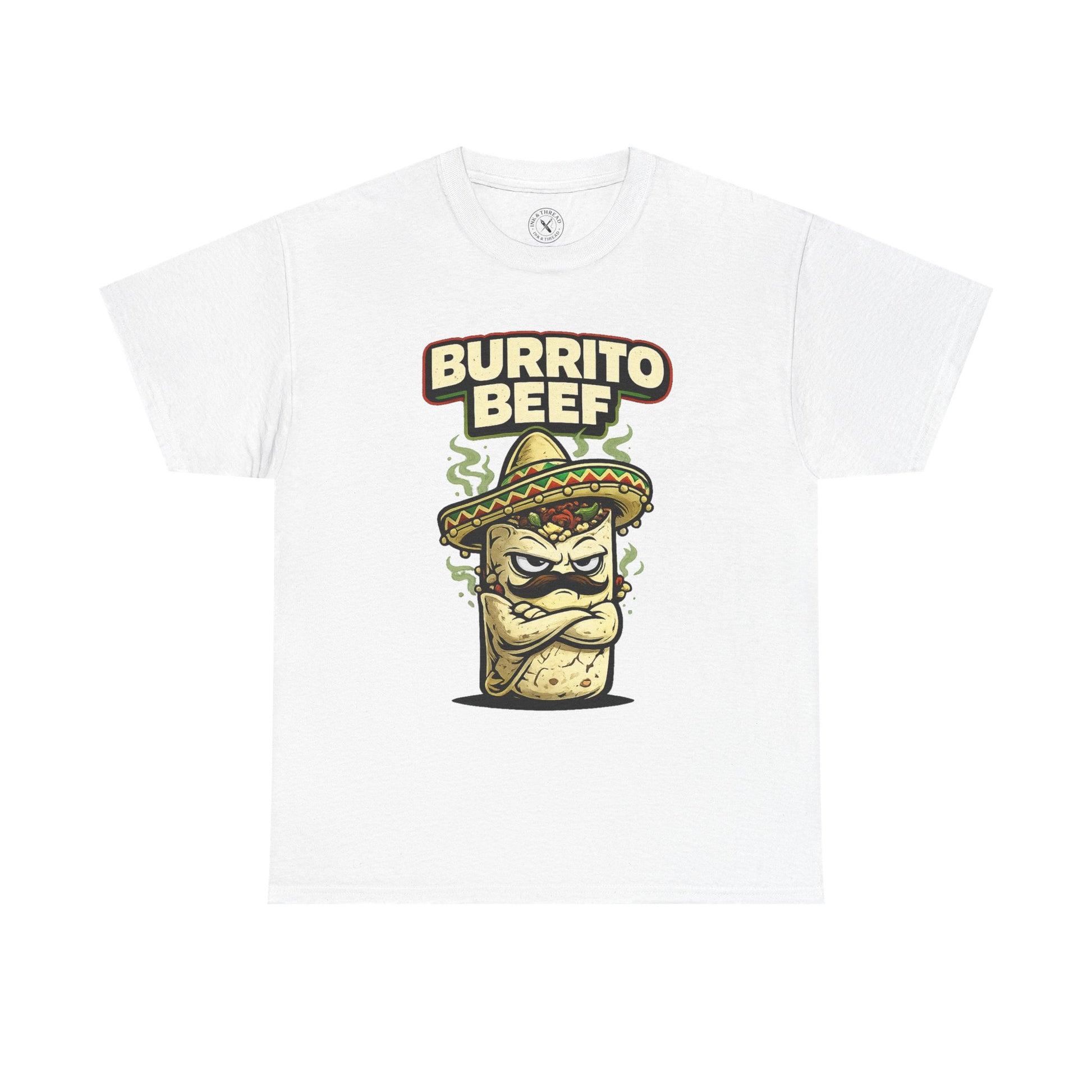 White t-shirt with 'Burrito Beef' graphic design on a white background