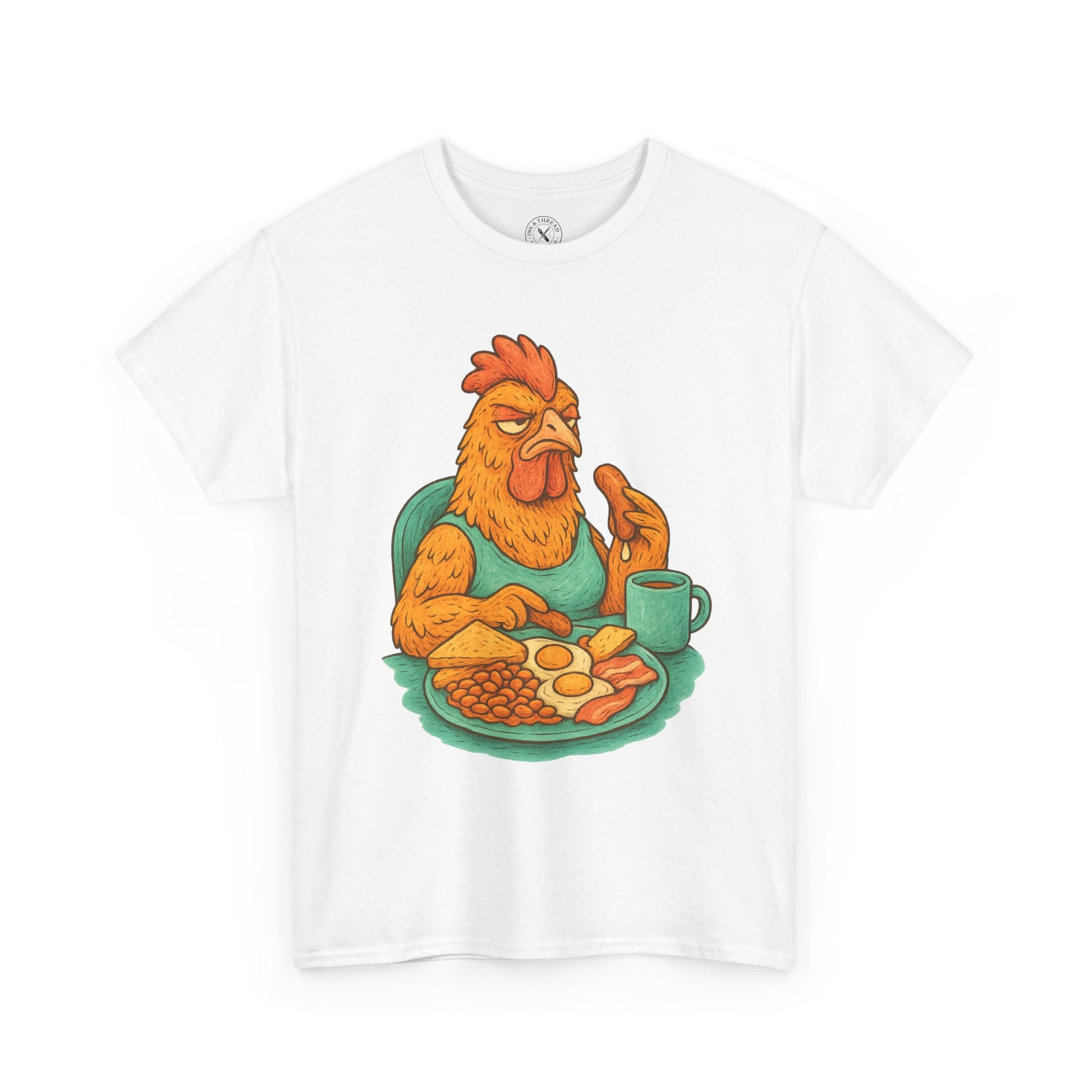White t-shirt with a cartoon rooster eating breakfast graphic on a white background