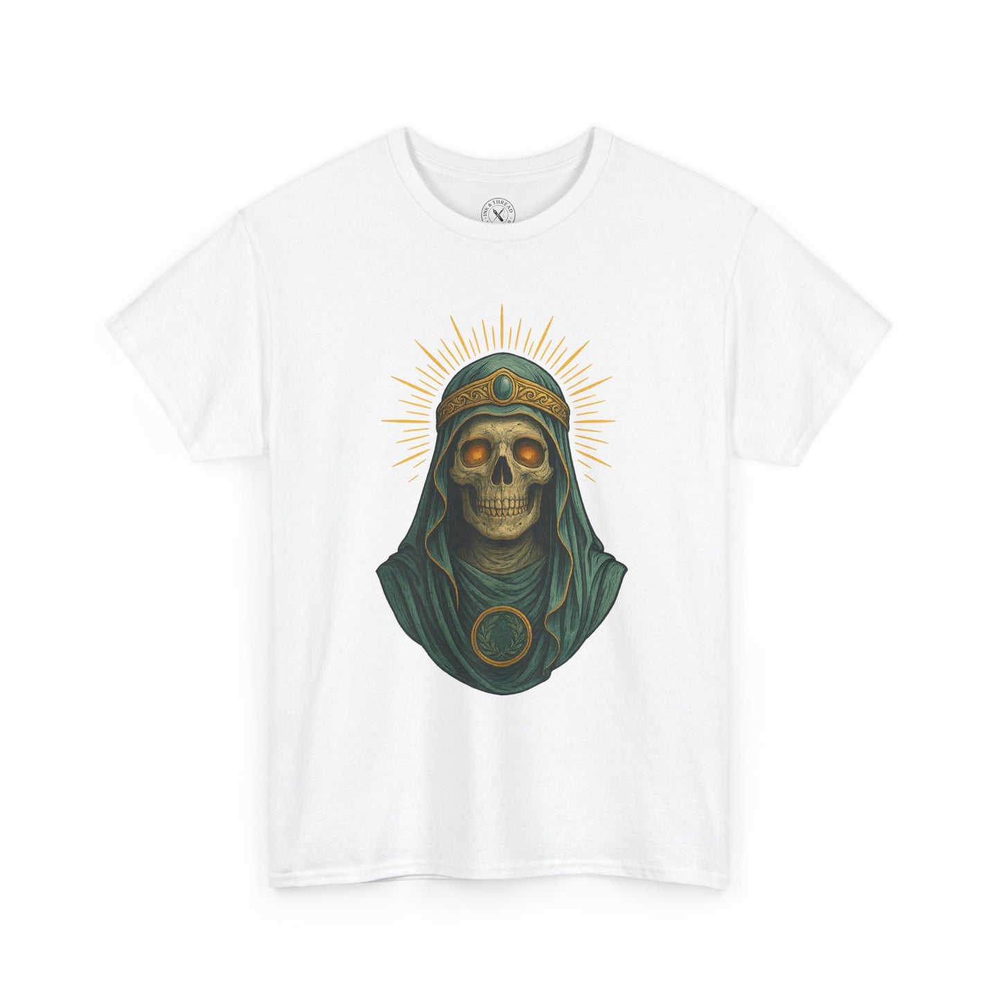 White t-shirt with a skull wearing a green headscarf and gold accents on a white background