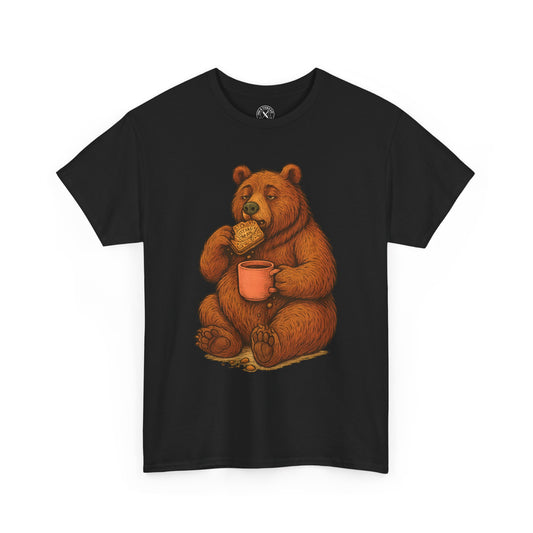 Black t-shirt with a bear holding a mug design on a white background