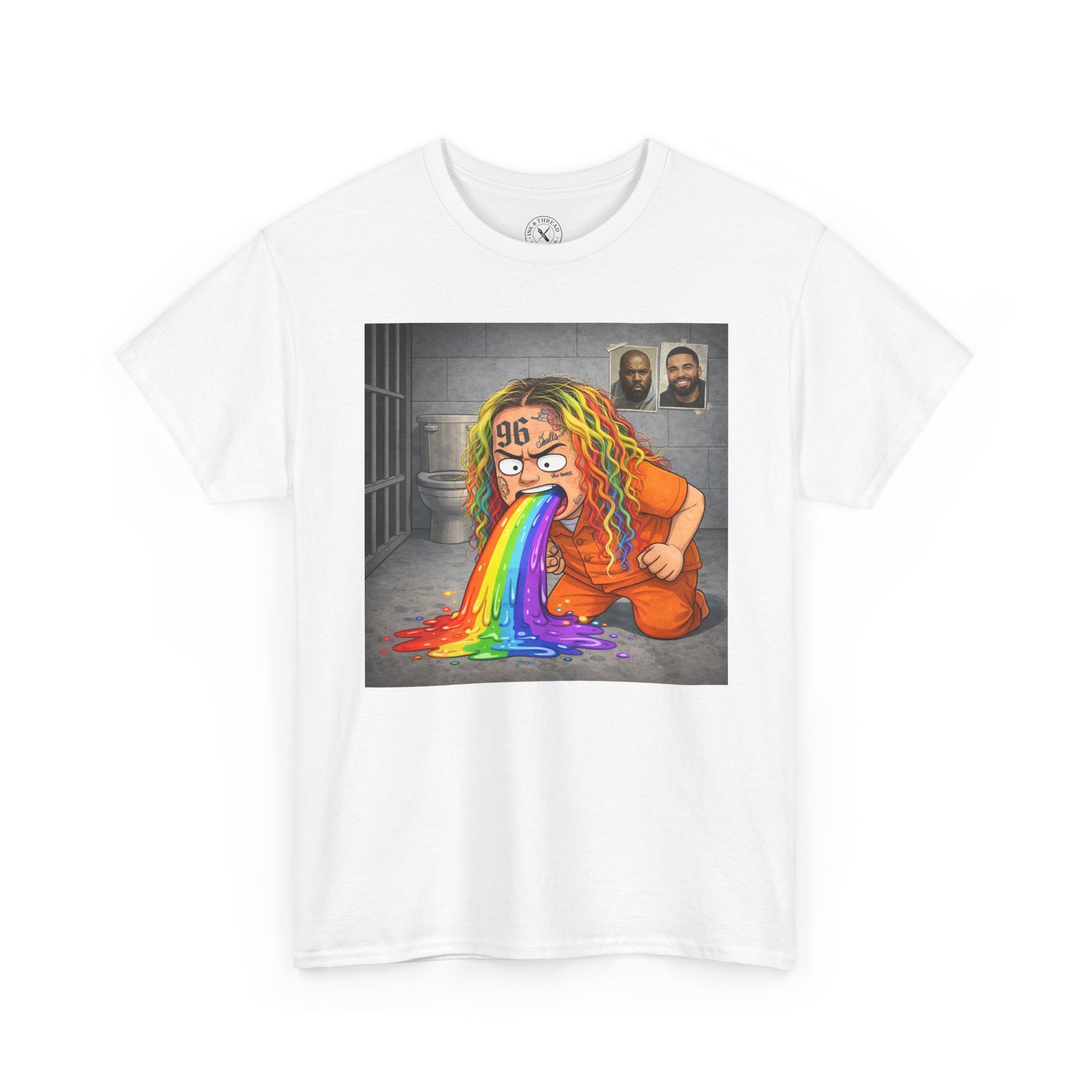White t-shirt with a graphic design of a person with rainbow hair and prison-themed elements on a white background.
