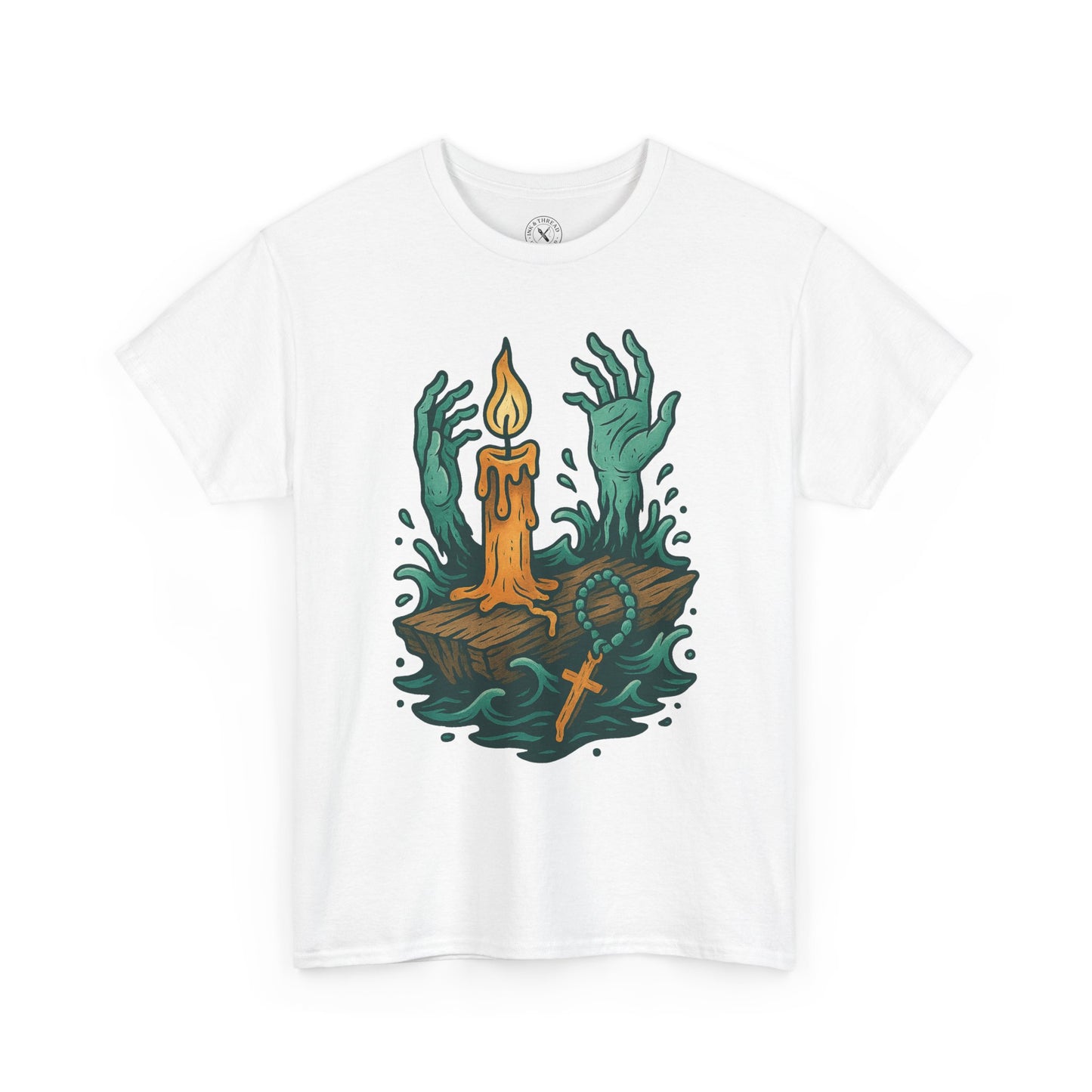 White t-shirt with a graphic design of hands holding a candle on a white background