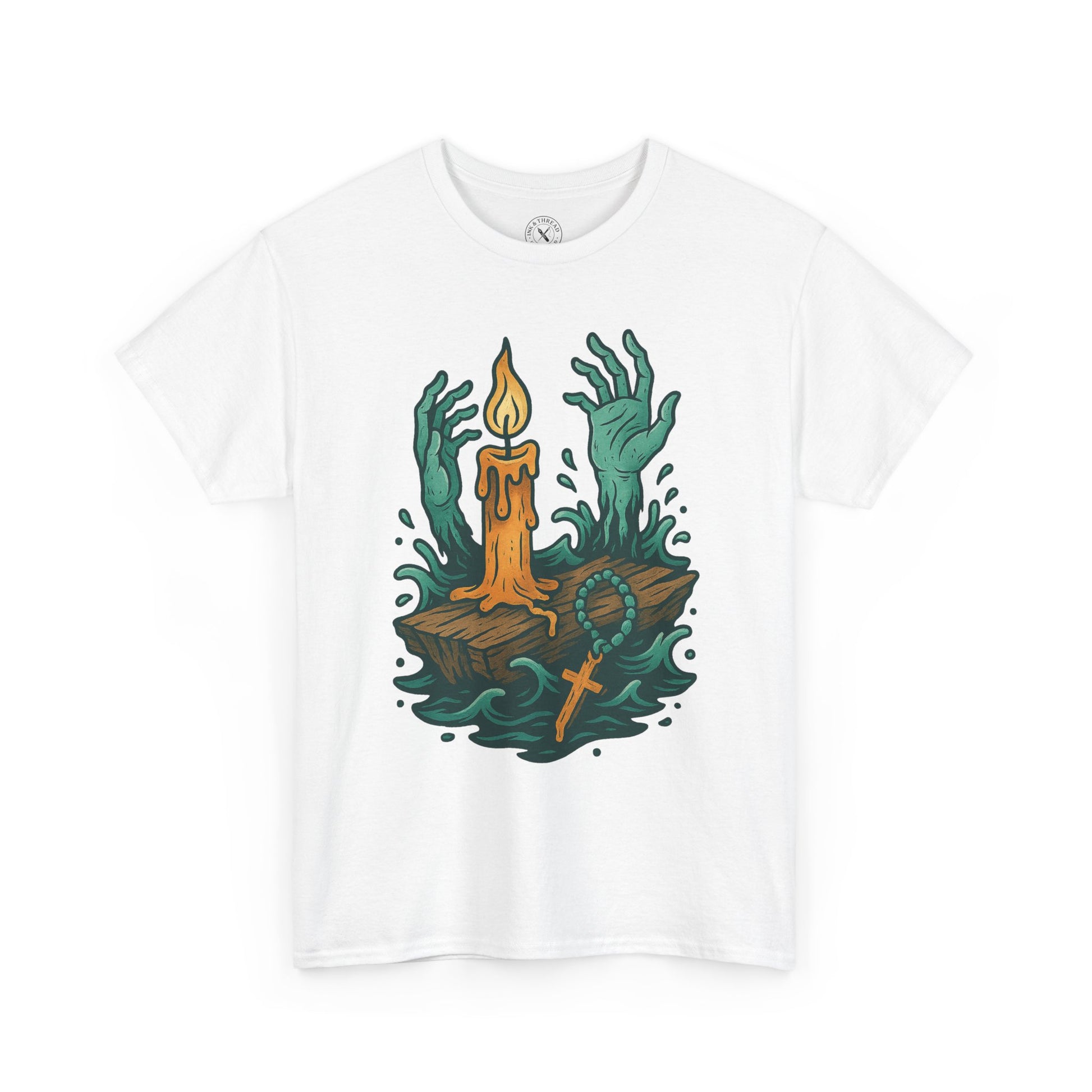 White t-shirt with a graphic design of hands holding a candle on a white background