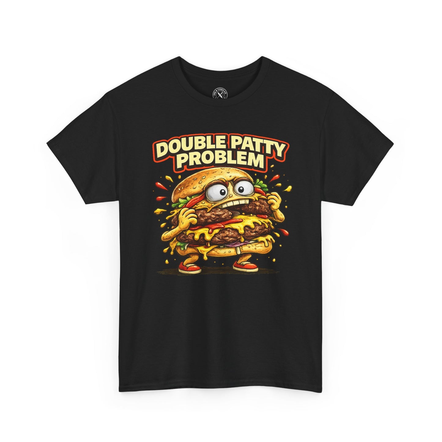 Black t-shirt with a cartoon burger and 'Double Patty Problem' text on a white background