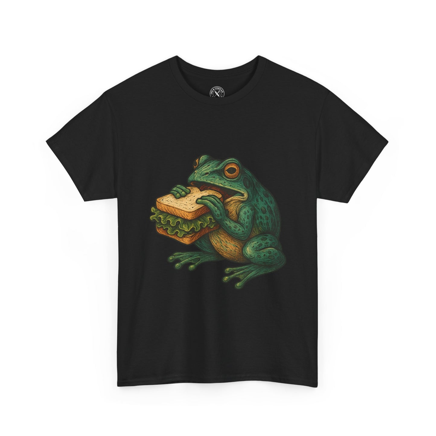 Black t-shirt with a frog eating a sandwich graphic on a white background