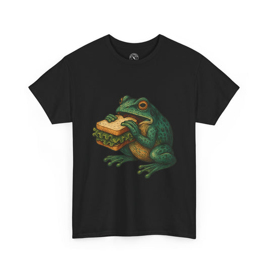 Black t-shirt with a frog eating a sandwich graphic on a white background