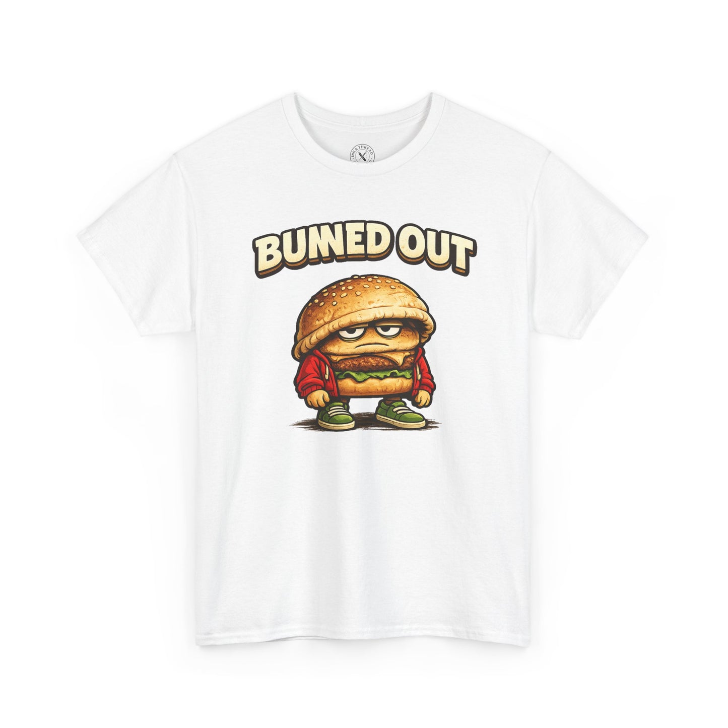 White t-shirt with a cartoon hamburger character and 'BUNED OUT' text on a white background