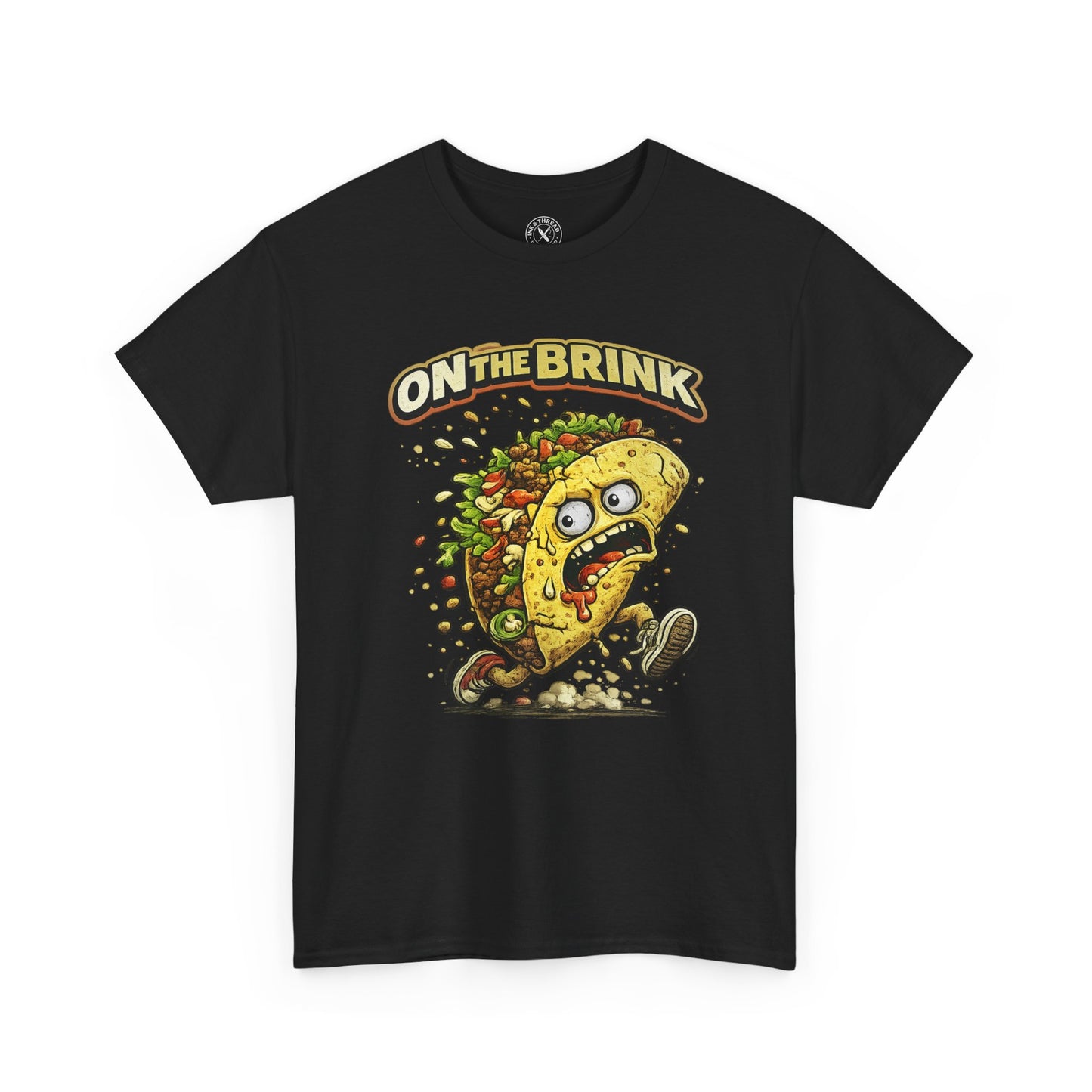 Black t-shirt with a graphic of a taco and 'On The Brink' text on a white background