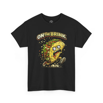 Black t-shirt with a graphic of a taco and 'On The Brink' text on a white background