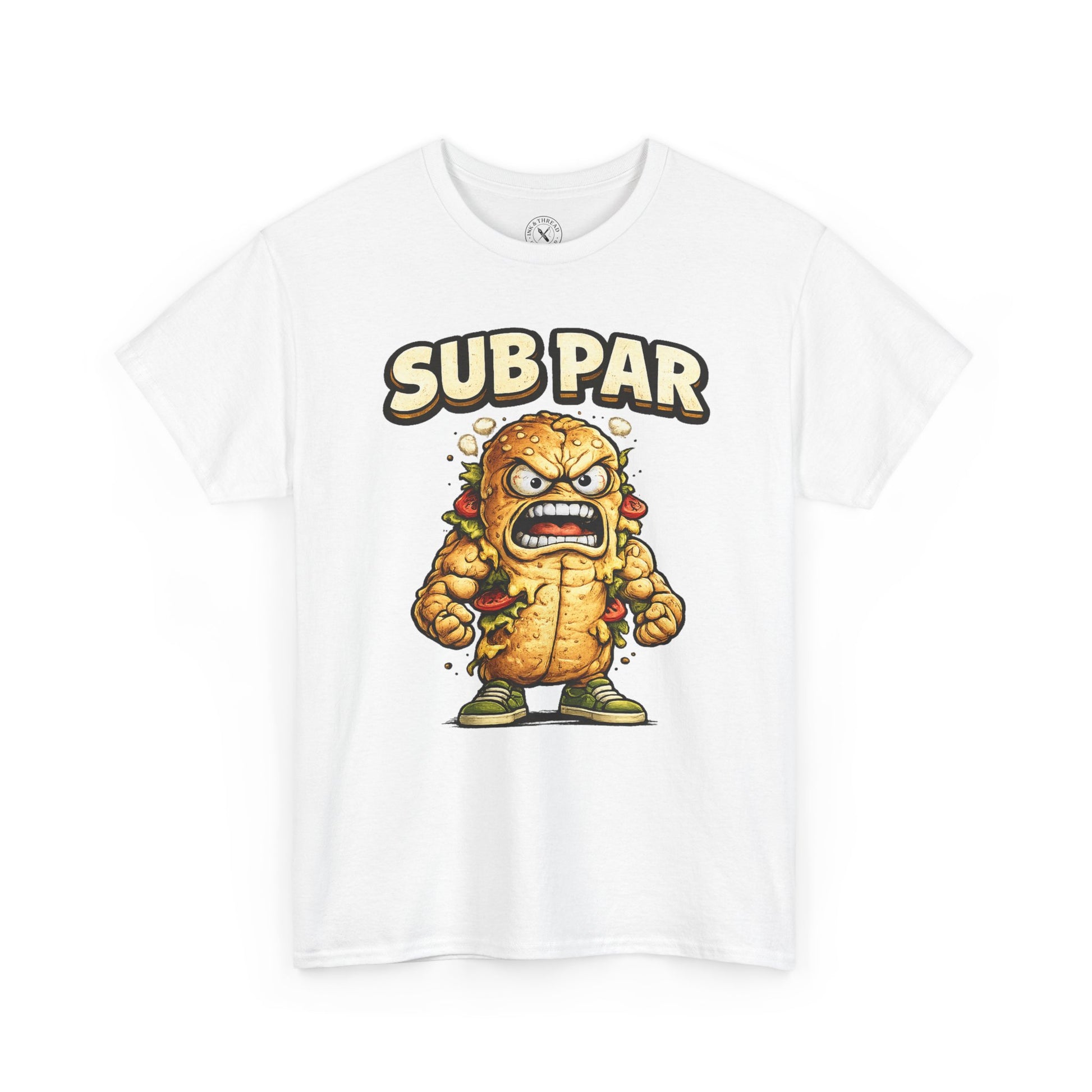 White t-shirt with a cartoon character and 'SUB PAR' text on a white background
