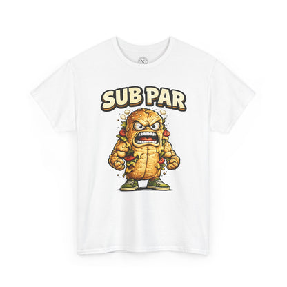 White t-shirt with a cartoon character and 'SUB PAR' text on a white background