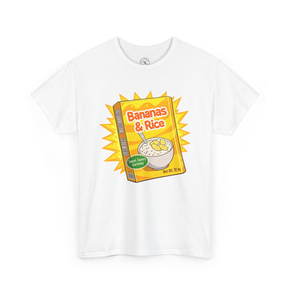 White t-shirt with a 'Bananas & Rice' cereal box graphic on a white background