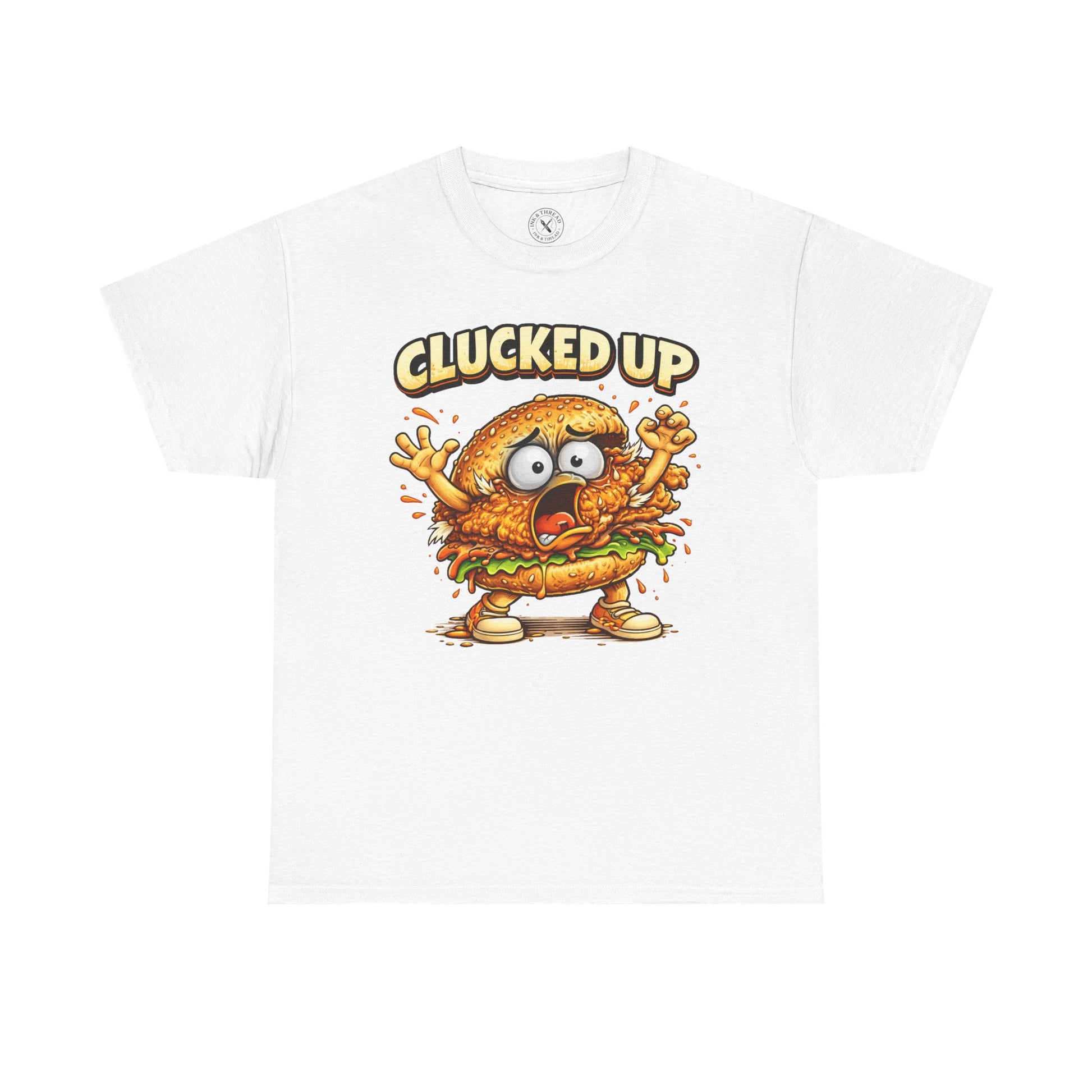 White t-shirt with a cartoon burger character and 'Clucked Up' text on a white background