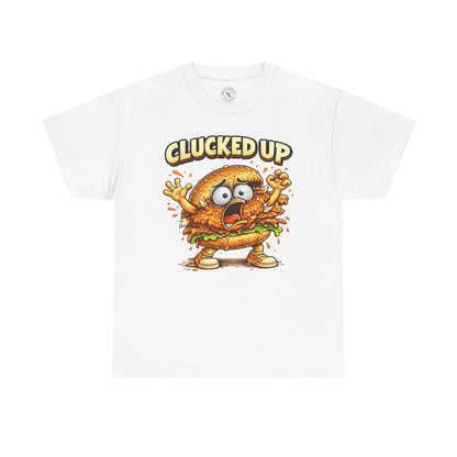 White t-shirt with a cartoon burger character and 'Clucked Up' text on a white background