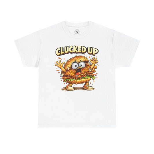 White t-shirt with a cartoon burger character and 'Clucked Up' text on a white background