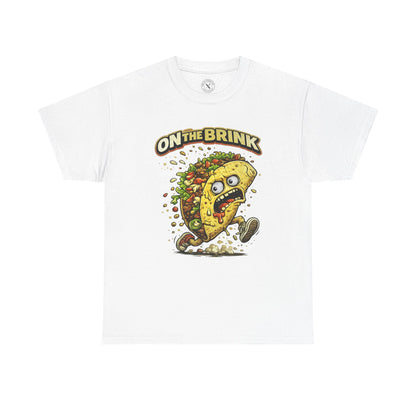 White t-shirt with a graphic of a taco and 'On the Brink' text on a white background