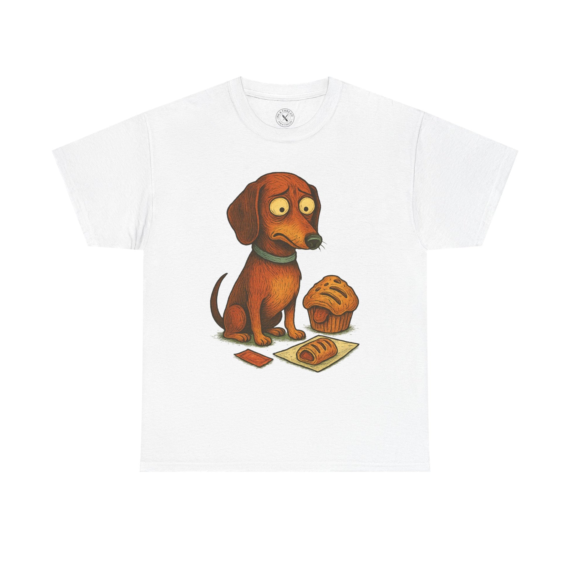White t-shirt with a cartoon dog and muffin graphic on a white background