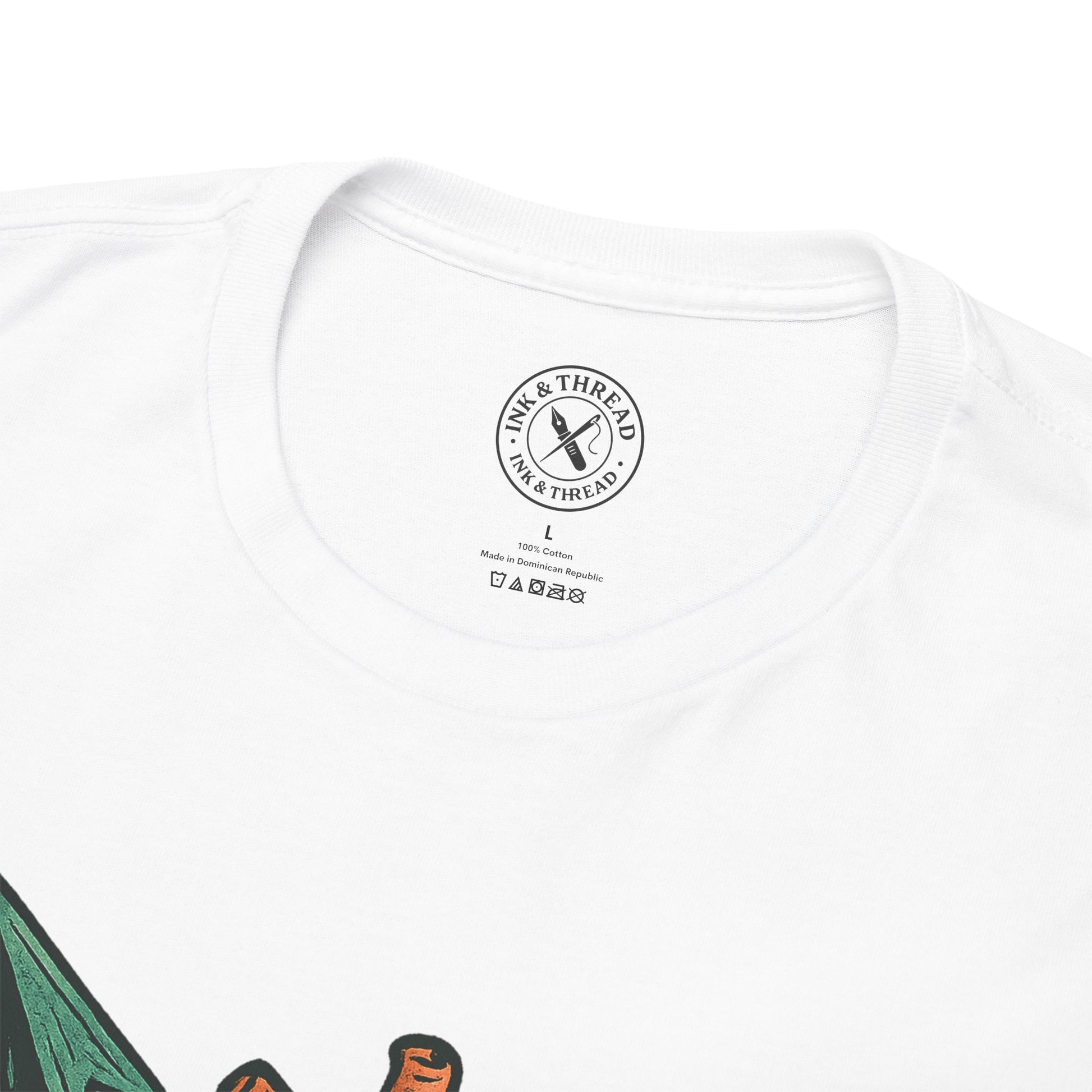 White t-shirt with a brand logo on a white background