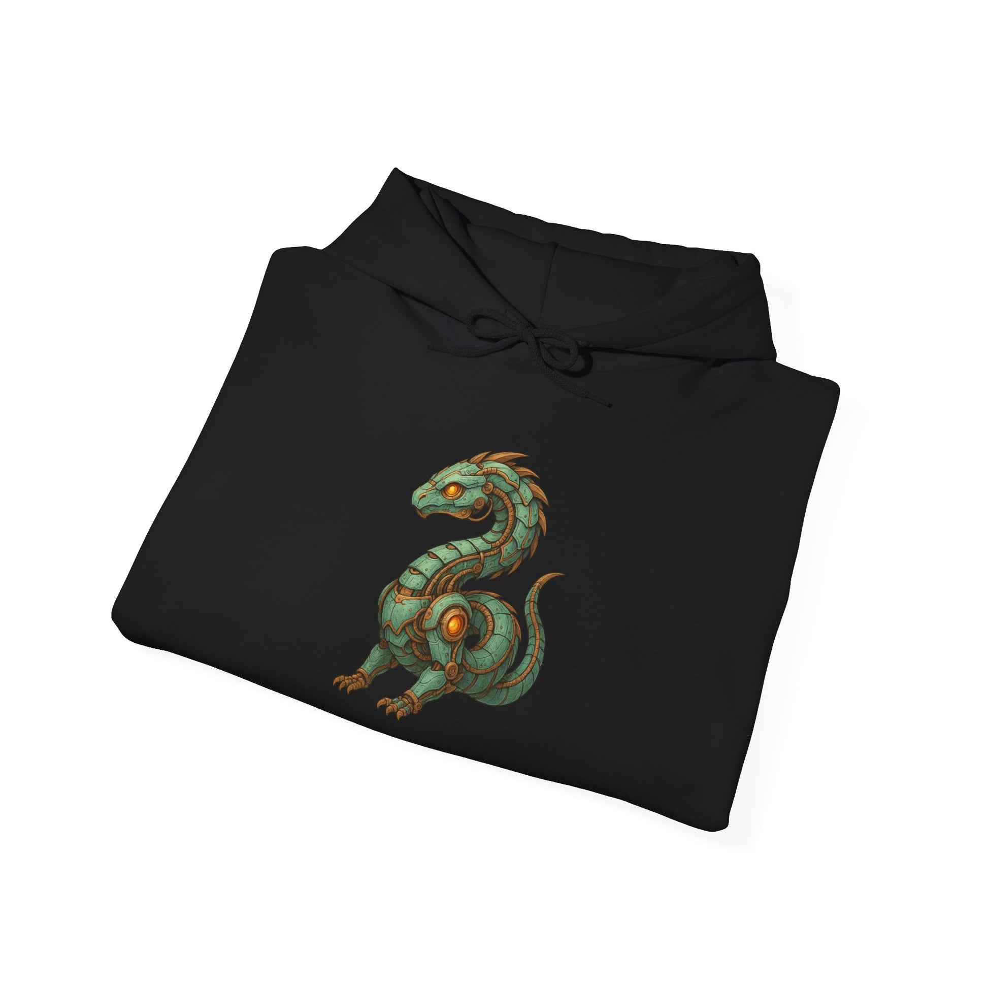 Black hoodie with a green dragon design on a white background