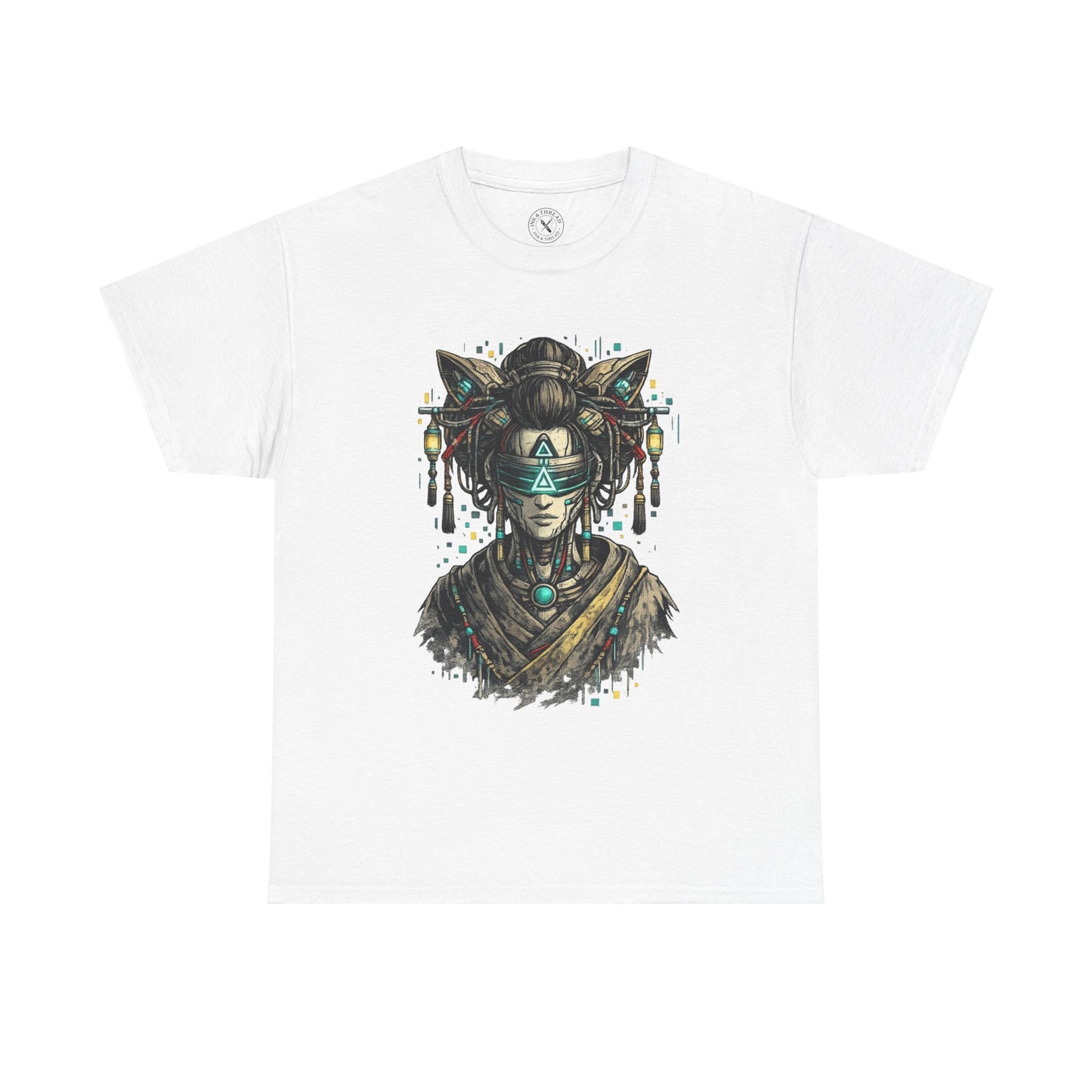 White t-shirt with a graphic design of a stylized face with feathers and jewelry on a white background