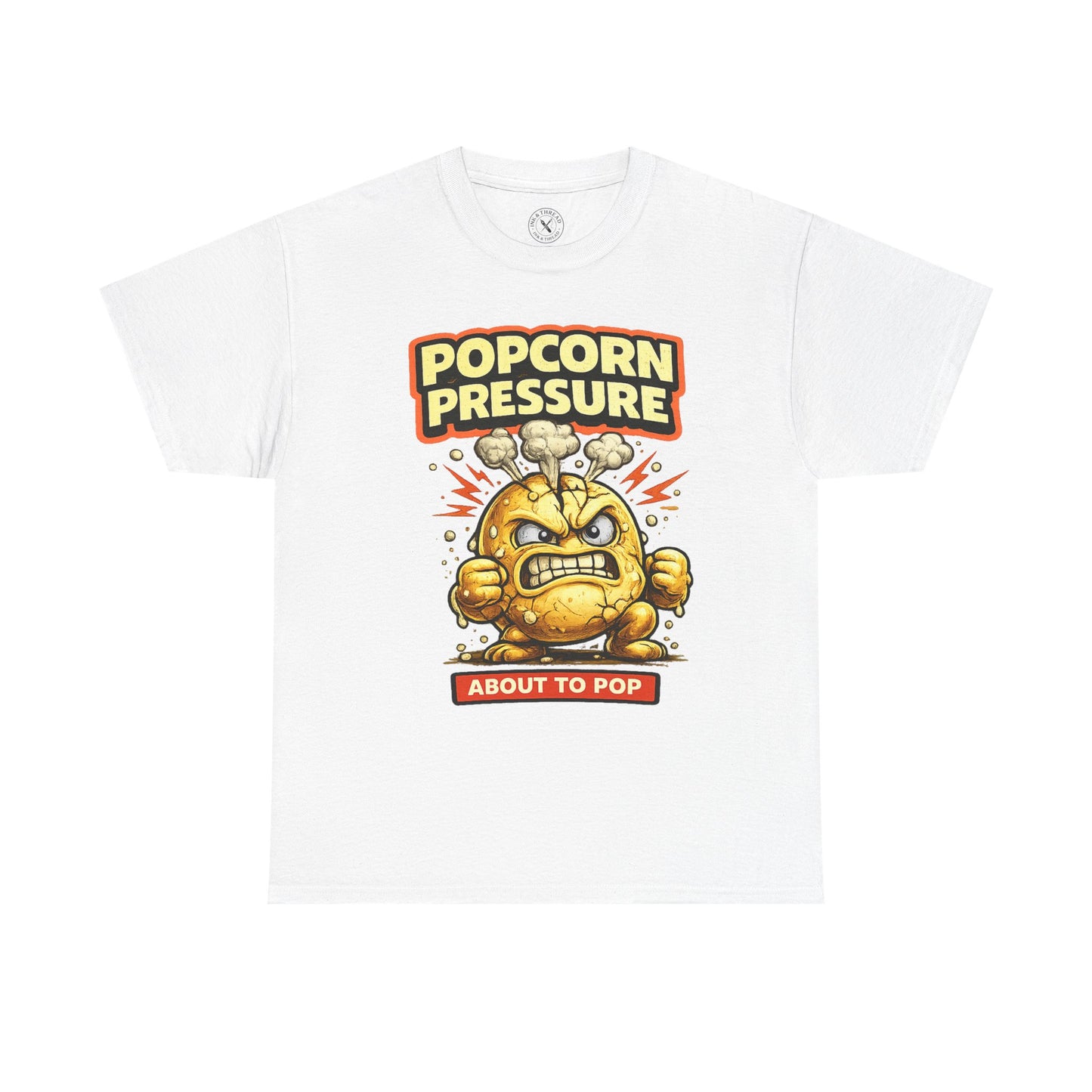 White t-shirt with 'Popcorn Pressure' graphic design on a white background