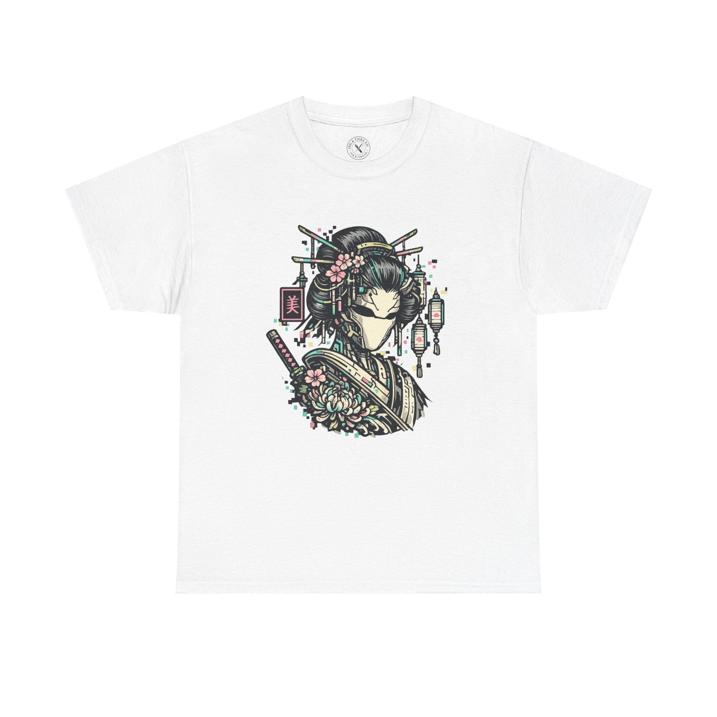 White t-shirt with a geisha design on a white background