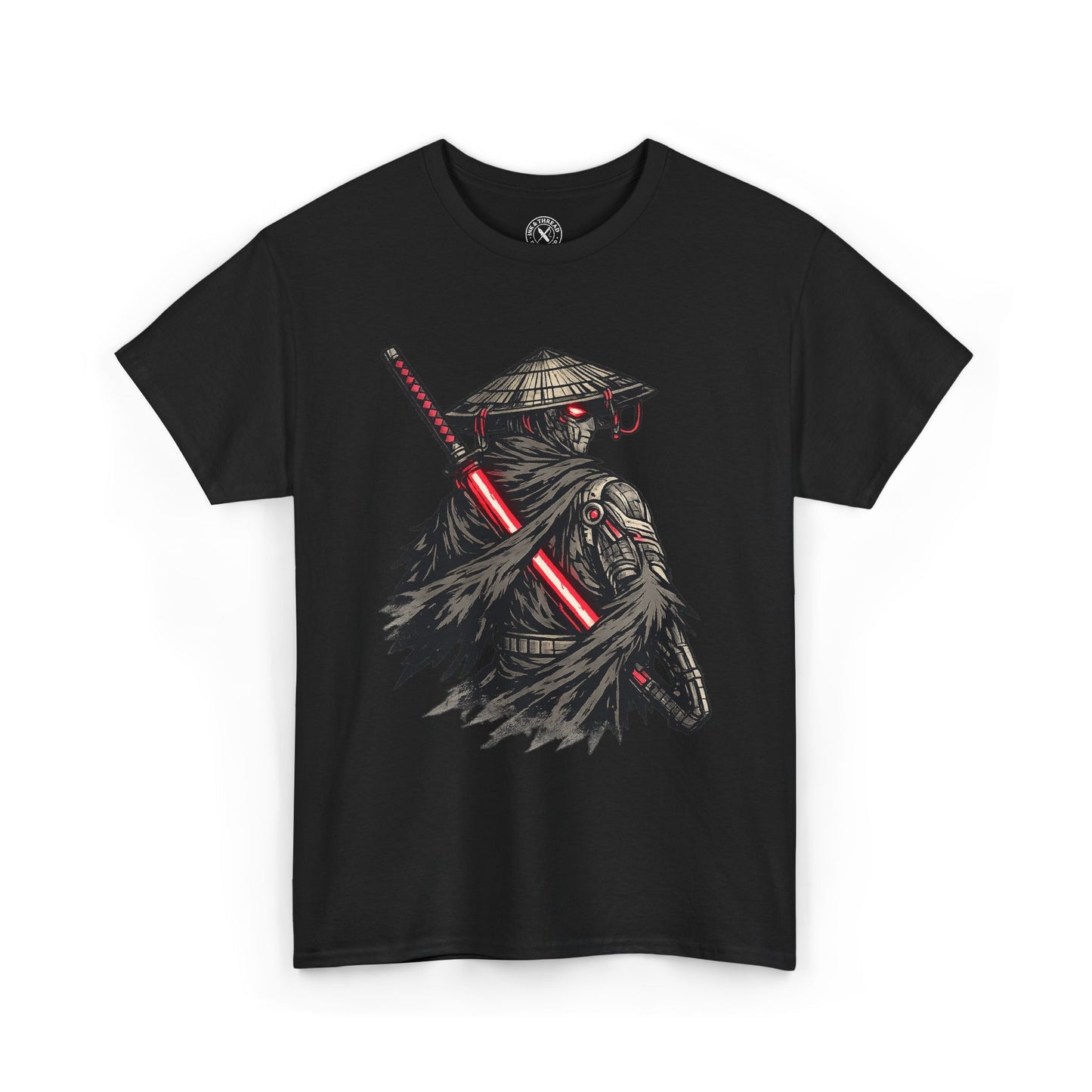 Black t-shirt with a graphic of a samurai warrior holding a red sword on a white background