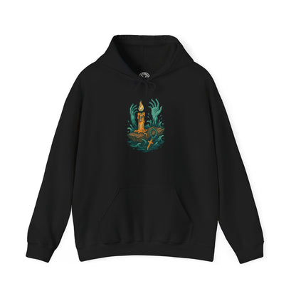 Black hoodie with a colorful graphic design on a white background