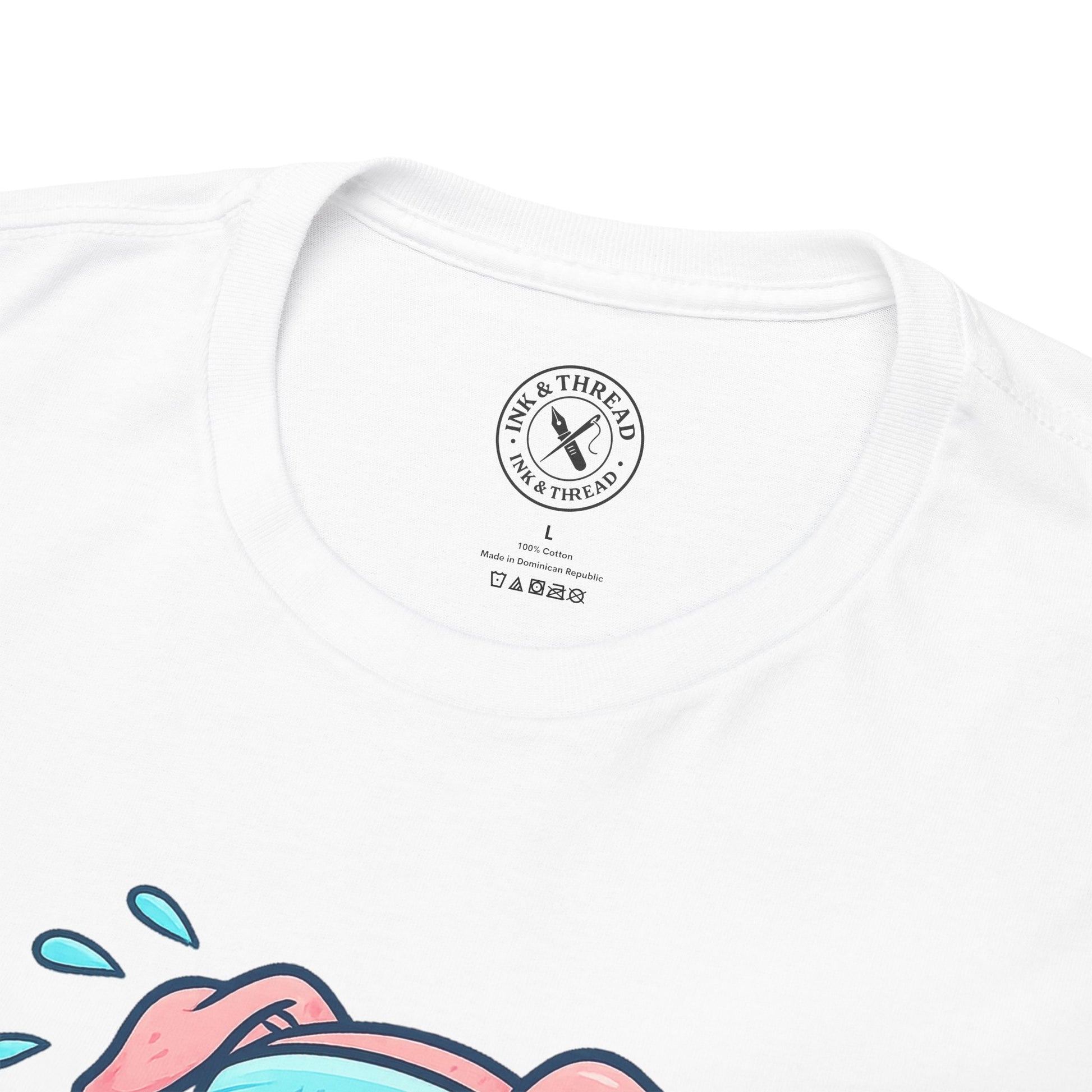 White t-shirt with a brand logo on the chest against a white background