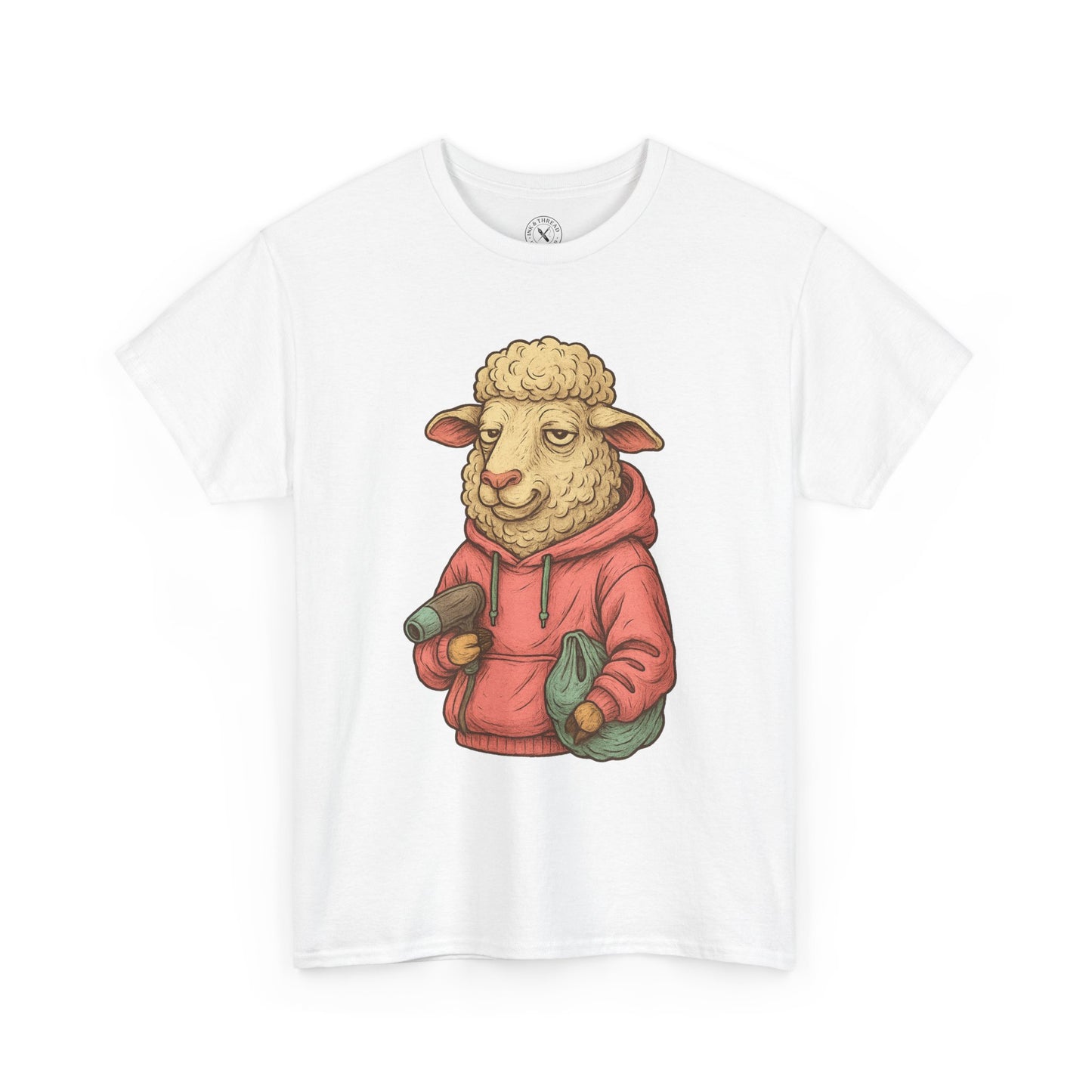 White t-shirt with a graphic of a sheep wearing a red hoodie on a white background