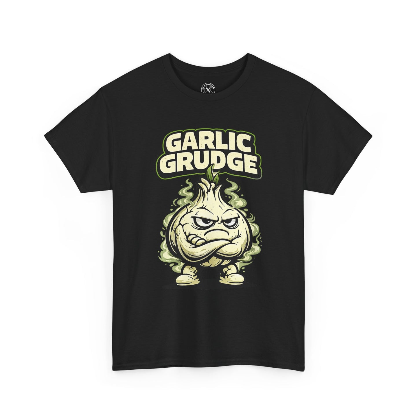 Black t-shirt with 'Garlic Grudge' graphic design on a white background